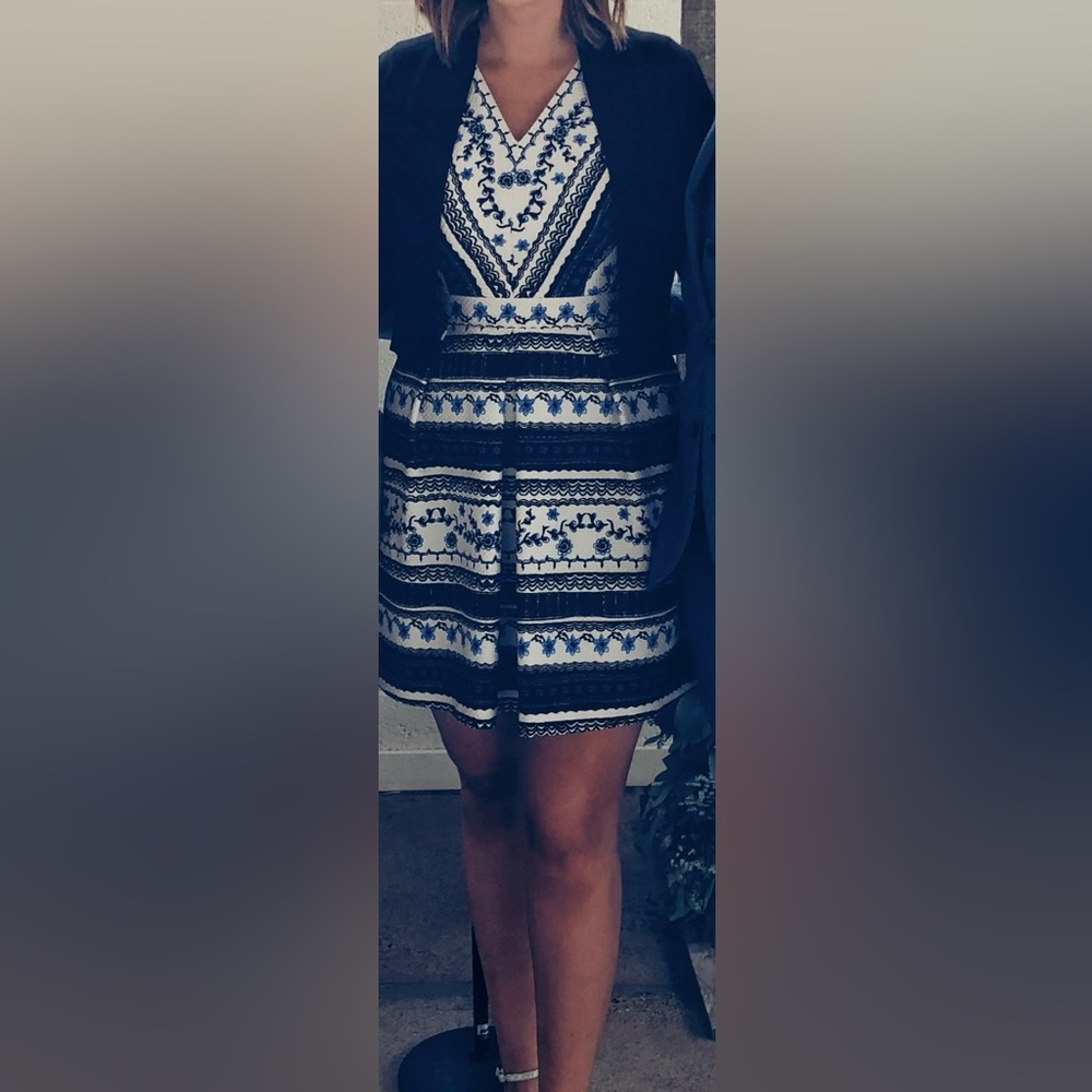CeCe Black and Blue Embroidered Fit & Flare Dress